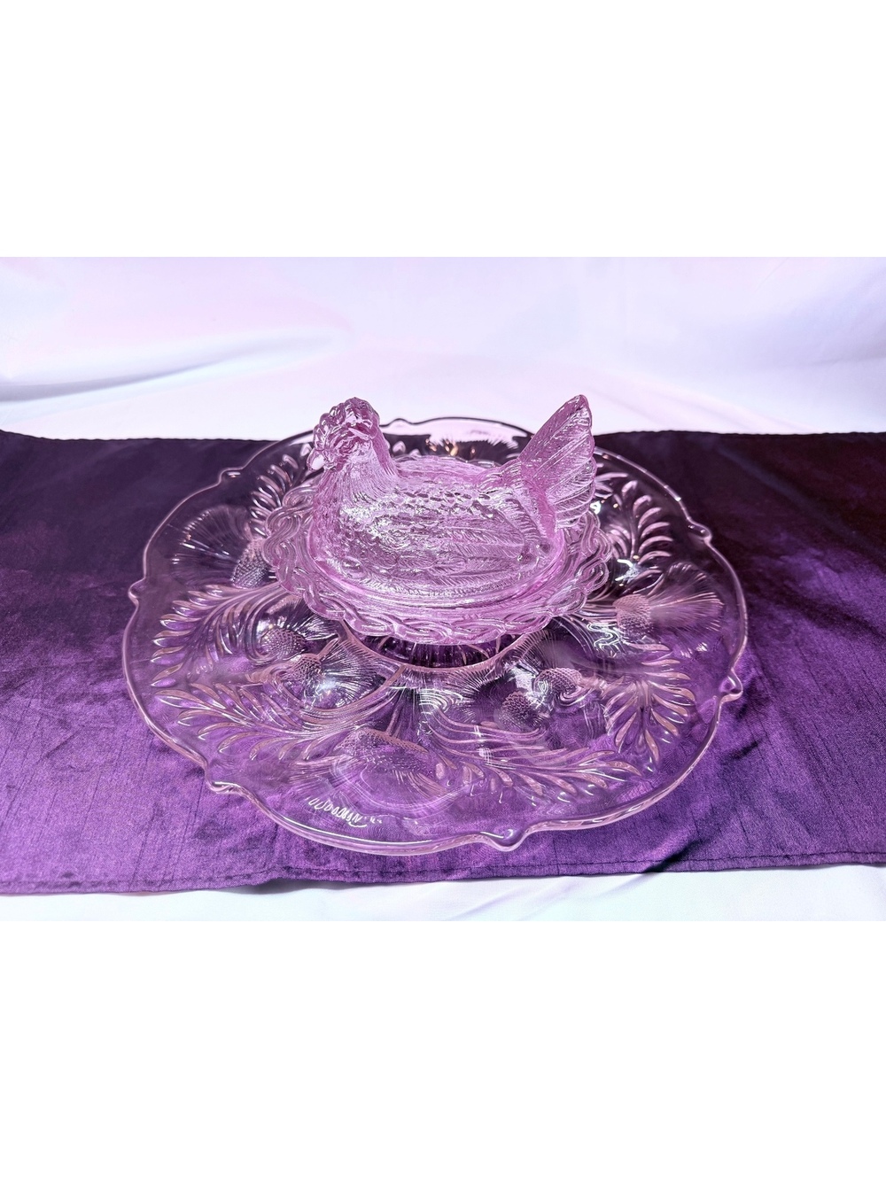 Mosser Glass Lavender Pink Hen on Nest Inverted Thistle Egg Platter